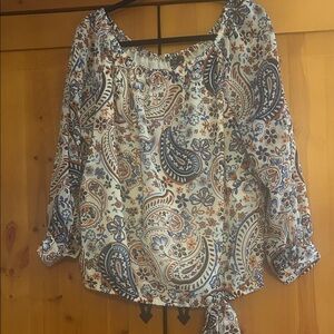 Vince Camuto Cream Paisley Tie-Hem Blouse with Blue & Tan Accents